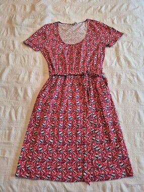 Boden women's 8R dress red bird short sleeve belted cotton/modal EUC
